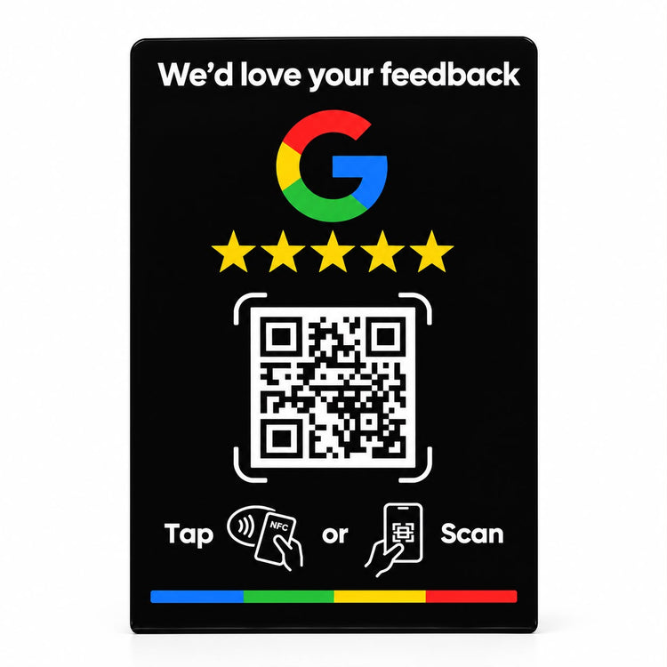 Black Tap4Reviews NFC Google review stand with tap and scan instructions